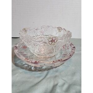 Vintage Clear Embossed 3D Pink Bowties And Flowers Glass Bowl & Plate